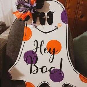 Halloween Ghost Door Sign with Orange and Purple Polka Dots